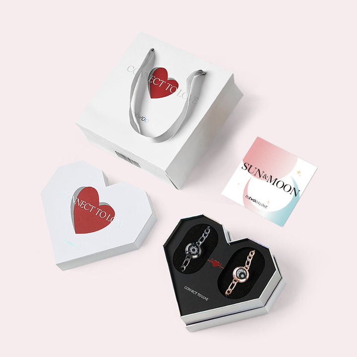 [White Heart Gift Packaging]Sun&Moon Touch Bracelets with Figaro Chain (Black+Rose Gold)