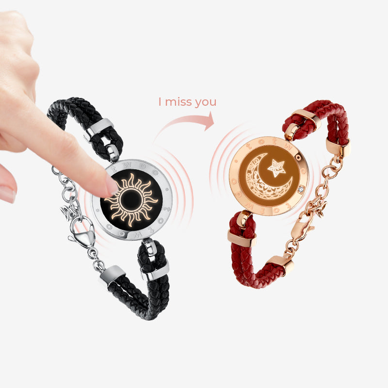 Sun&Moon Touch Bracelets with Braided Leather Rope(Black+Red)