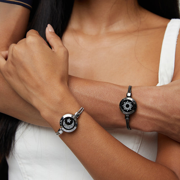Sun&Moon Touch Bracelets with Snake Chain(Black+Silver)