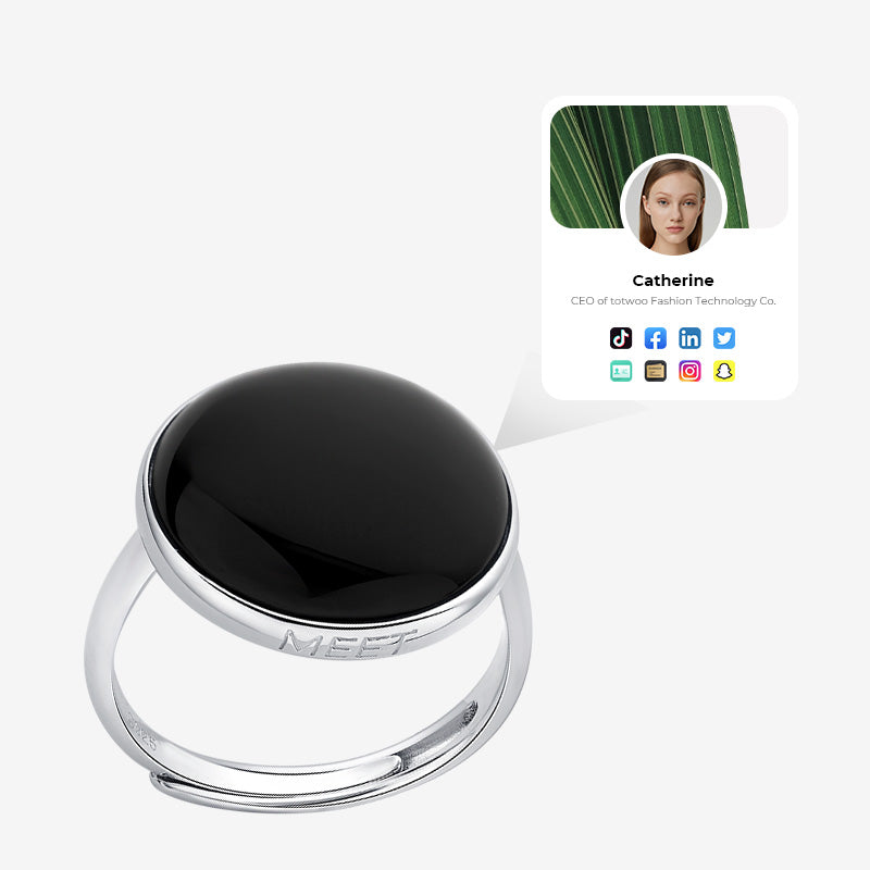totwoo MEET Black Agate Smart Ring(18K White Gold Pated Silver)