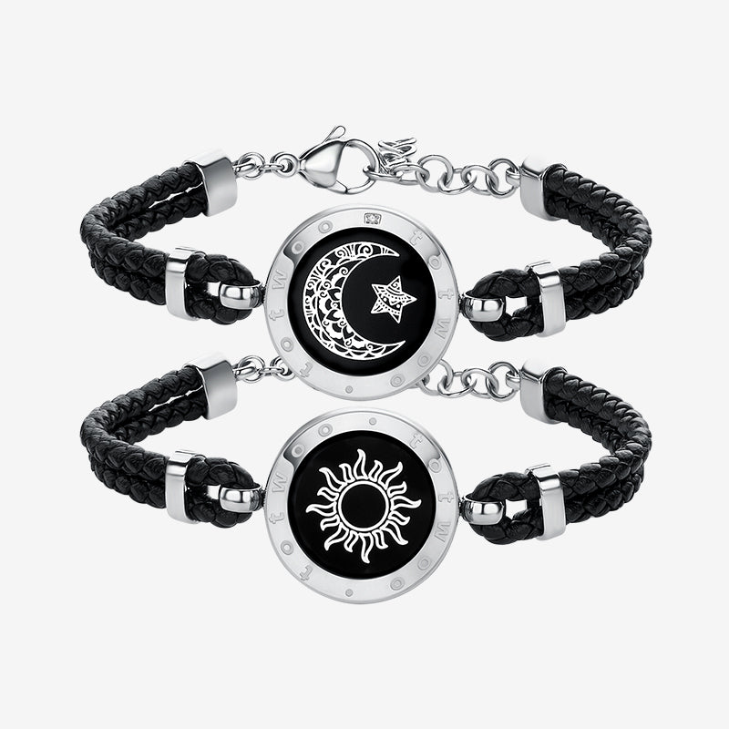 Bracelets de vibration intelligents Sun&moon avec corde en cuir tressé (noir + noir)