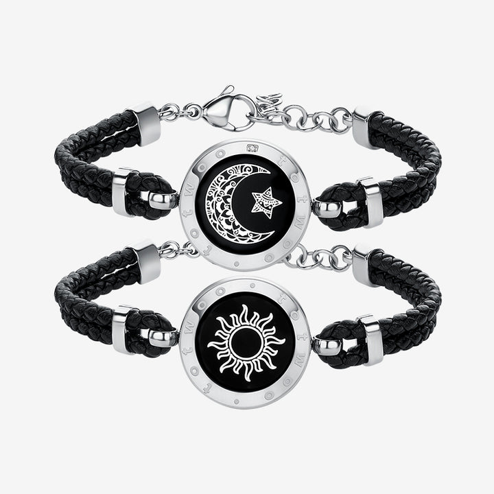 Sun&Moon Touch Bracelets with Braided Leather Rope(Black+Black)