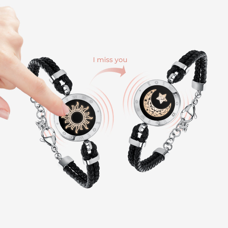 Bracelets de vibration intelligents Sun&moon avec corde en cuir tressé (noir + noir)